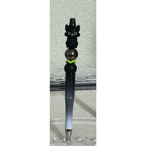 Custom Beaded Pen Black Cat Kitty Metallic Ombre Black Ink Handmade